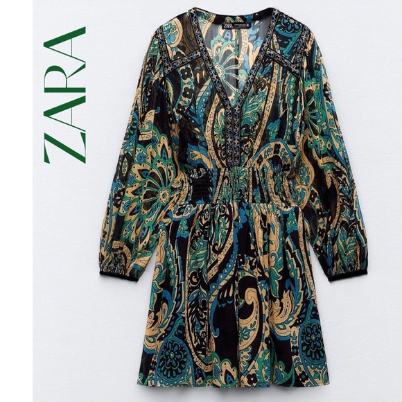Zara Black and Teal Paisley Sz XS Dress NWT - Picture 2 of 10